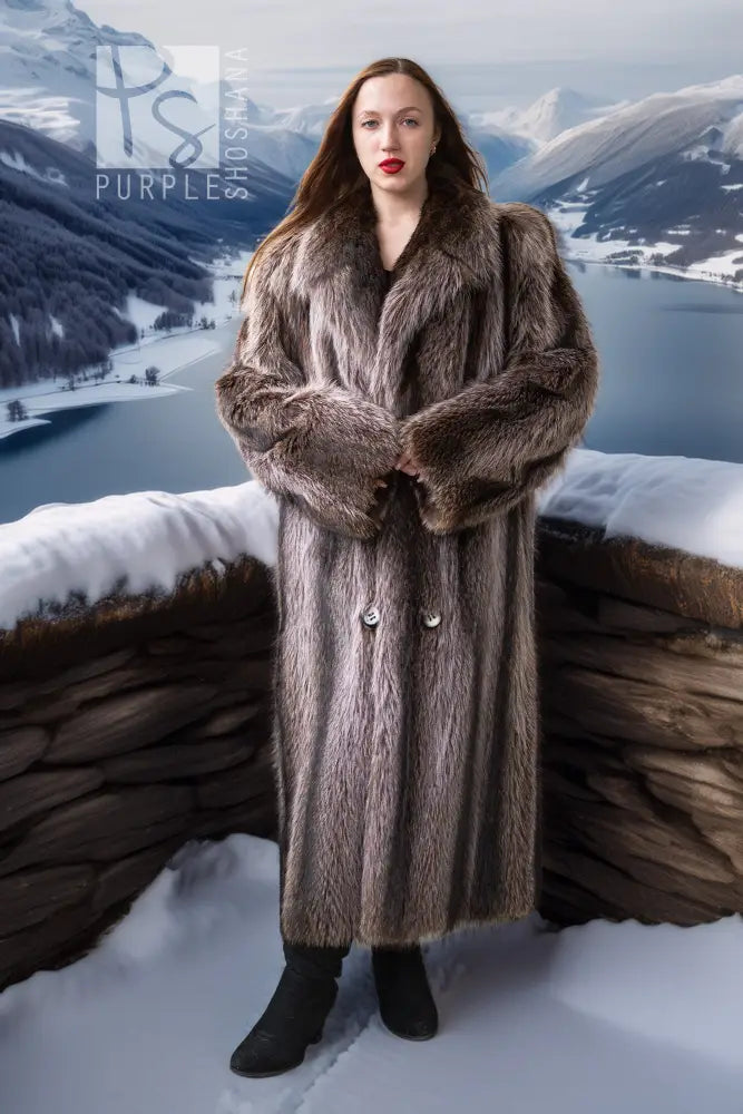 Gray-brown double-breasted raccoon fur coat with long sleeves and button placket