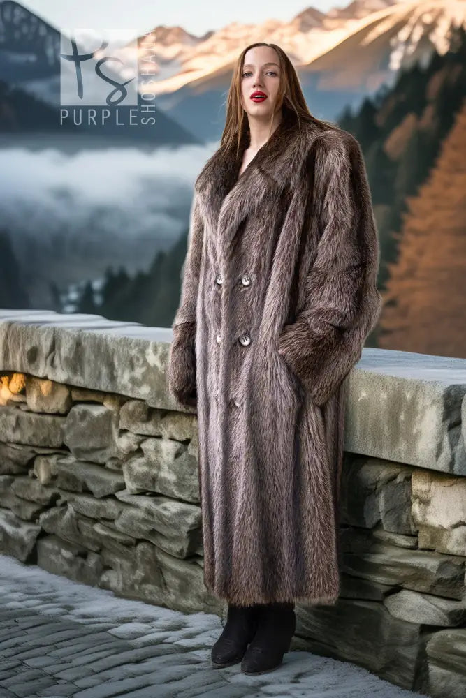 Gray-brown raccoon fur long coat with double-breasted front and fur-lined collar