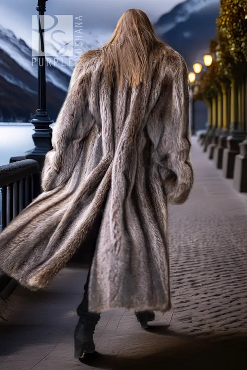 Men’s raccoon fur coat, double-breasted front, long drape, oversized fur cuffs, dark