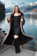Long raccoon fur double-breasted coat, open front, notched lapels, silver buttons