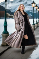 Long raccoon fur coat with double-breasted front, notched lapels, silver button placket