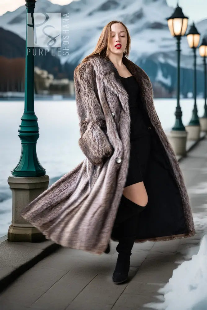 Long raccoon fur coat with double-breasted front, notched lapels, silver button placket
