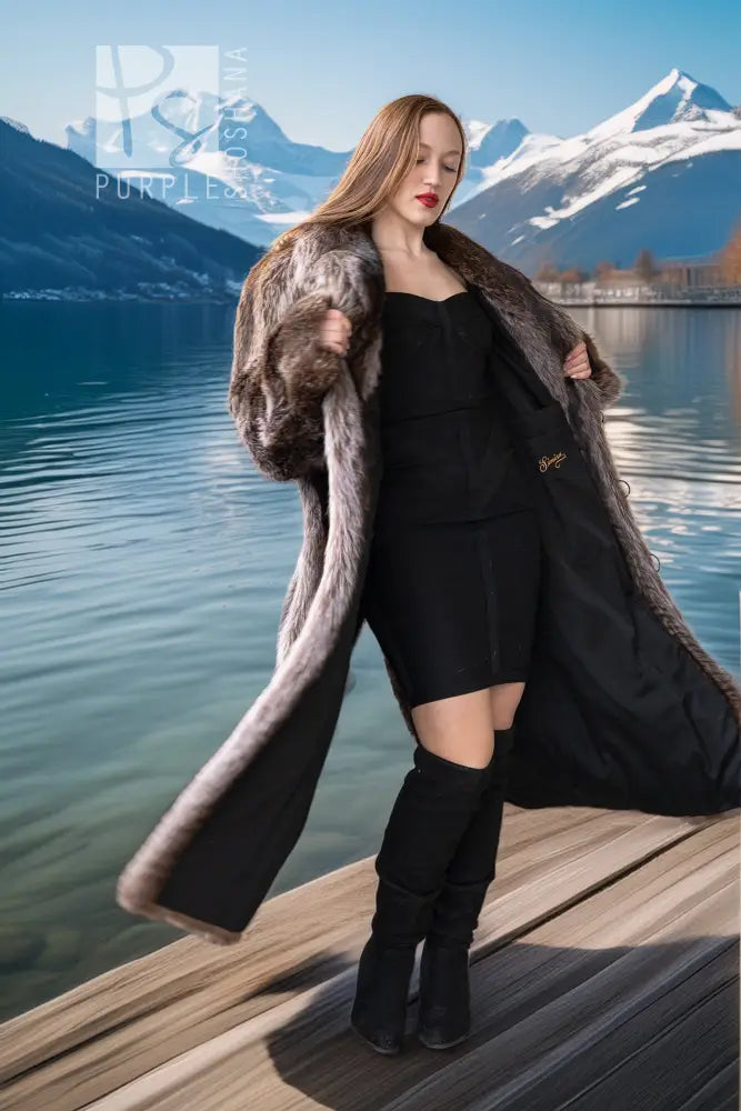 Raccoon fur double-breasted coat with notched lapels, dark brown, silver buttons