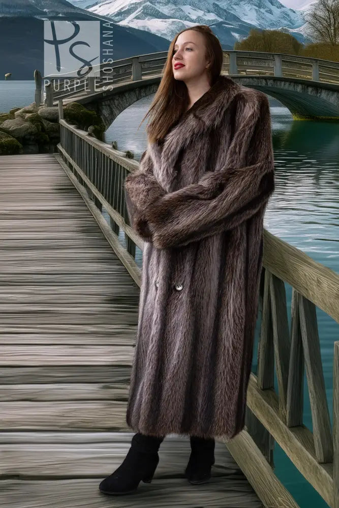 Gray-brown double-breasted raccoon fur coat with long length and buttoned placket