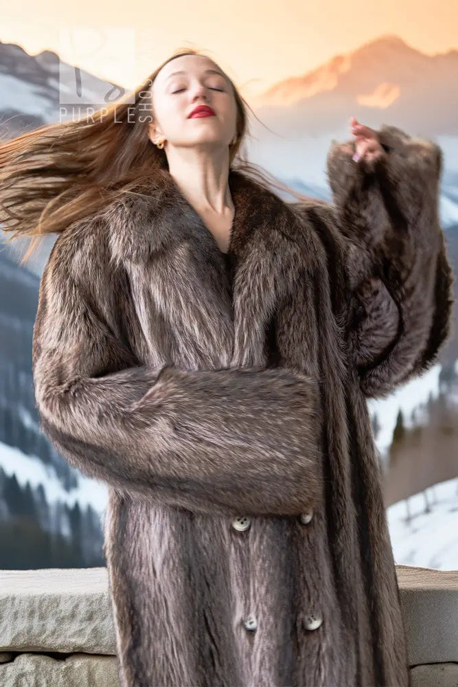 Gray-brown raccoon fur coat close-up, double-breasted front with two-button row