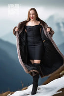 Open raccoon fur double-breasted coat with wide collar and silver snap buttons