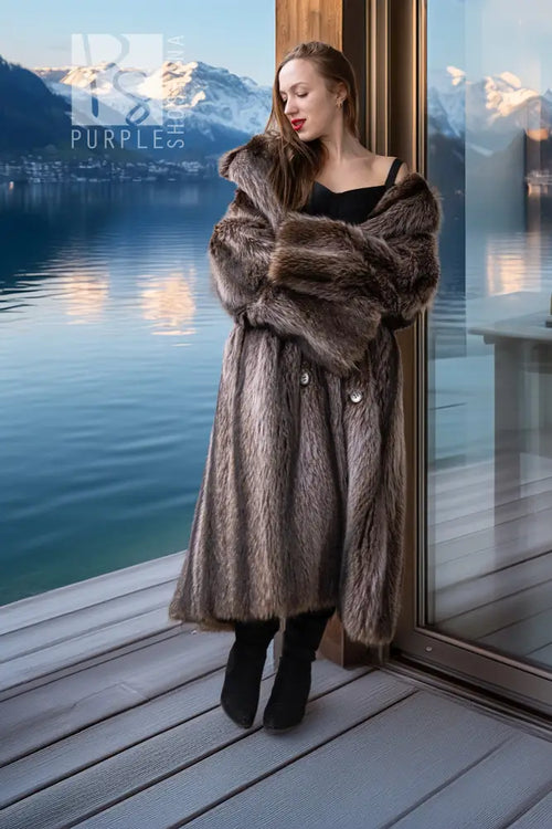 Raccoon fur double-breasted coat with notched lapels, silver buttons, long straight cut