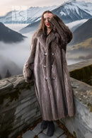 Gray-brown double-breasted raccoon fur coat, buttoned center front and plush cuffs