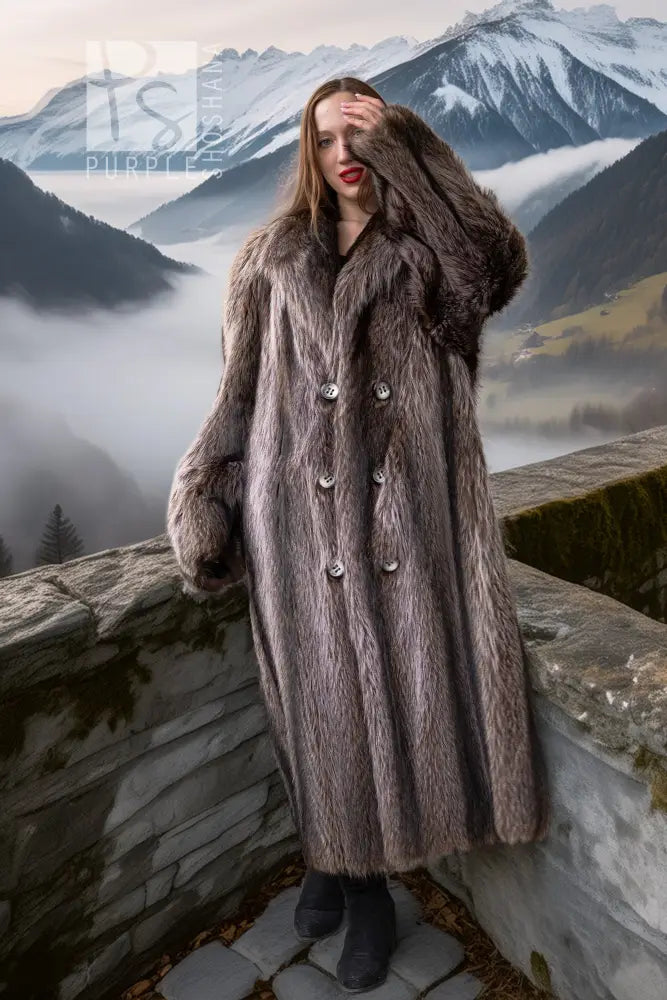 Gray-brown double-breasted raccoon fur coat, buttoned center front and plush cuffs