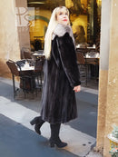 Black mink coat with light fur collar and midi length, full-body front angle