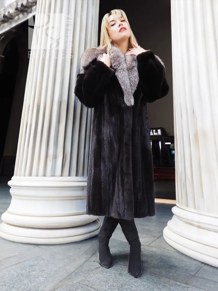 Black mink coat with light gray fox-fur cape collar, long length and wide sleeves