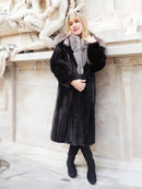 Black mink coat with light gray fox-fur cape collar, side view