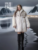 Women’s fox-fur jacket with open center front, plush collar and long sleeves