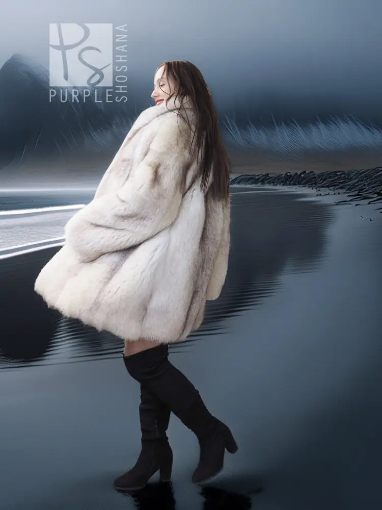Light cream fur jacket, side view with hood and flared shoulder silhouette