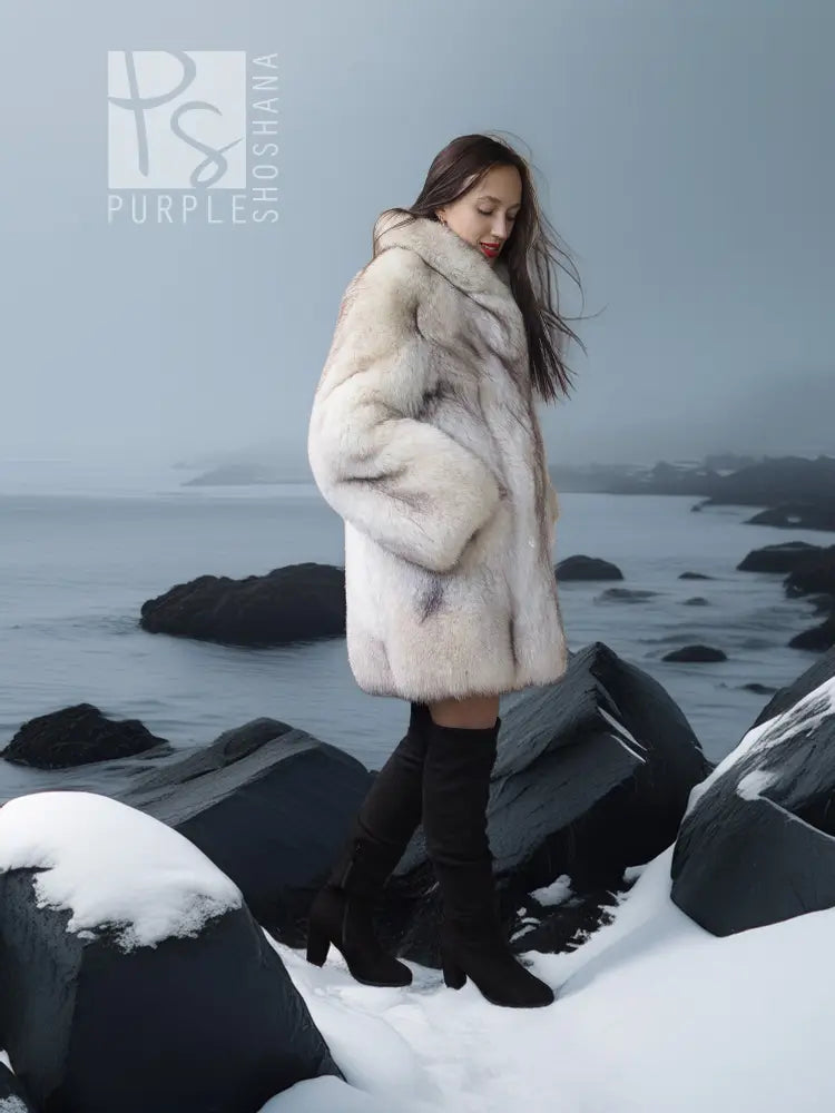 Light cream fox-fur jacket with voluminous sleeves and stand collar, open front.