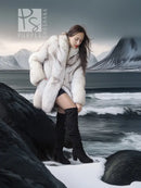 Light cream fox-fur jacket with full sleeves and thick texture, open front.