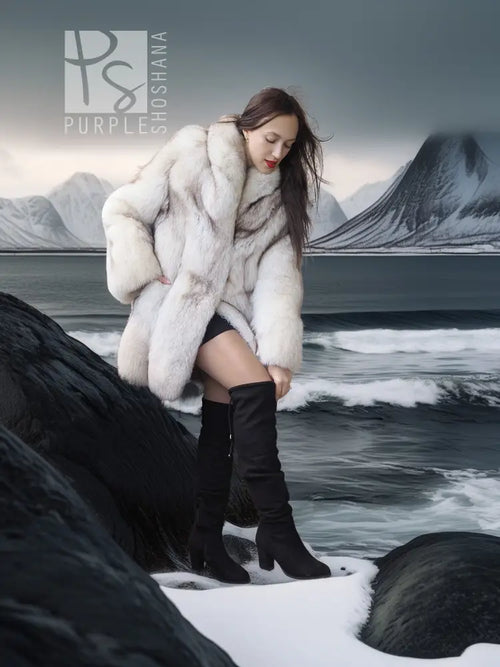 Light cream fox-fur jacket with full sleeves and thick texture, open front.