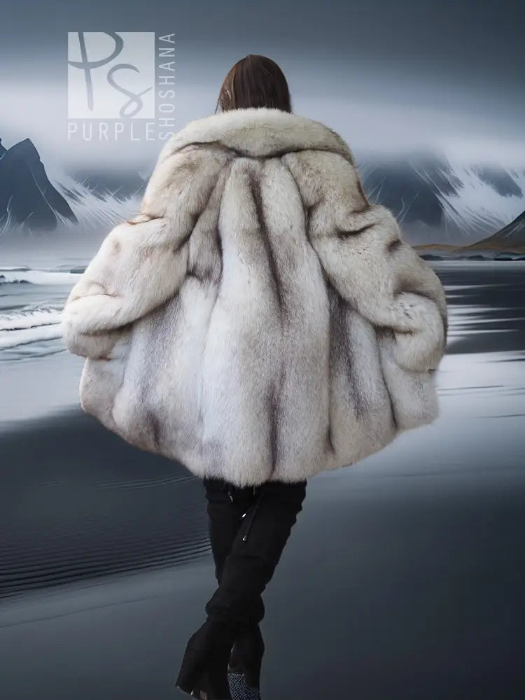 Light cream fur jacket with hood, back view with vertical seam detailing