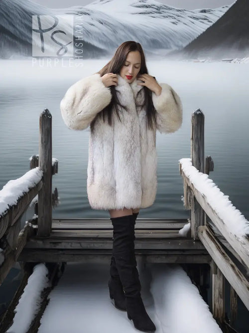 Light cream fur jacket with hood, front open and full-length sleeves