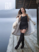 Light cream fox-fur jacket with long sleeves and fitted waist, open front.