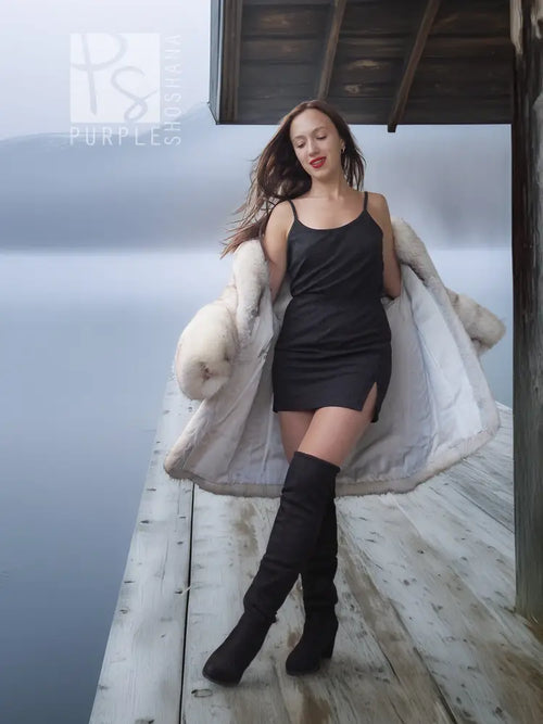 Light cream fox-fur jacket with long sleeves and fitted waist, open front.