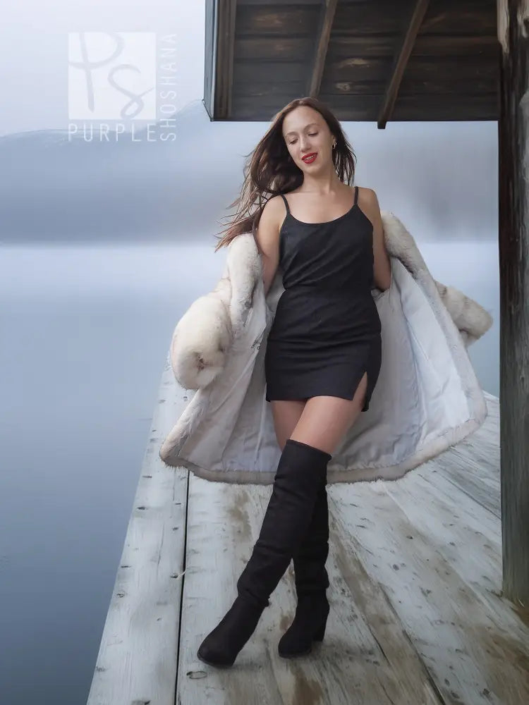 "Arctic Caress" – Pale Blue Fox Jacket - White Satin Lined Winter Allure