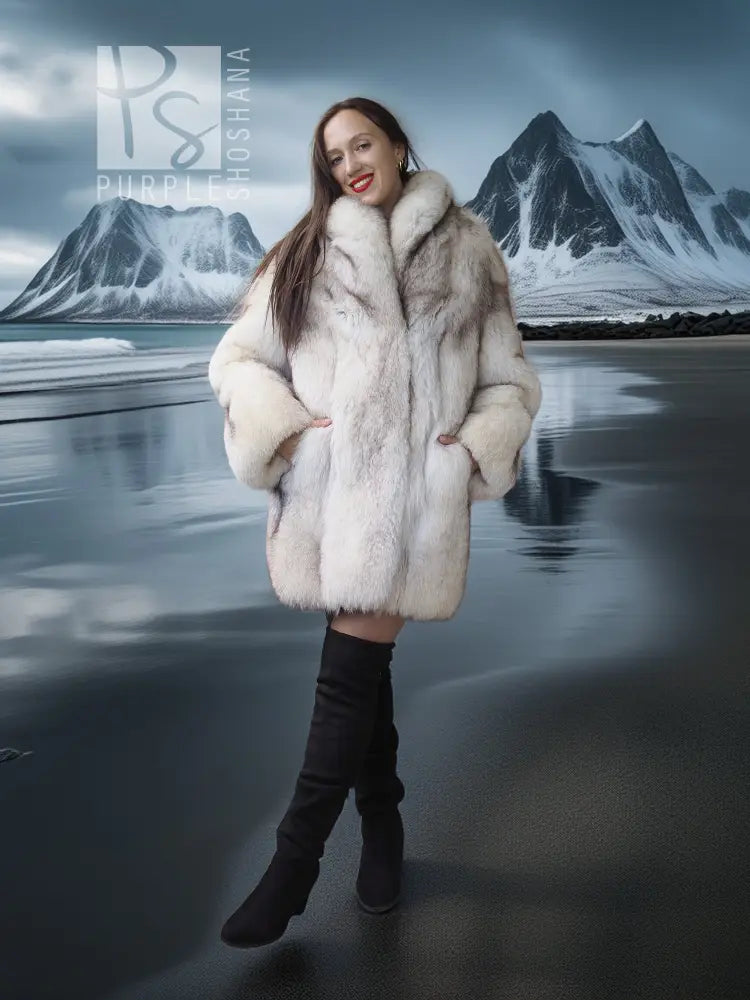 Light cream fox-fur jacket with long sleeves and curved hem, open front.