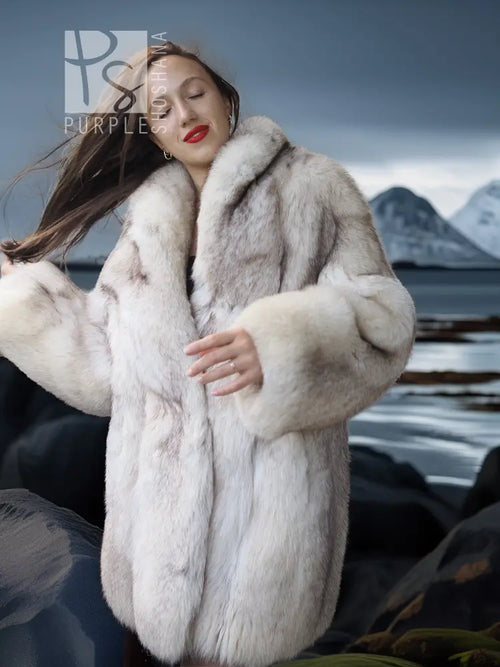Light cream fur jacket with hood, front buttonless style and side sleeves
