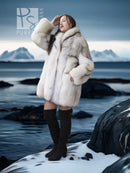 Light cream fox-fur jacket with short mid-length cut, wide collar, open front.