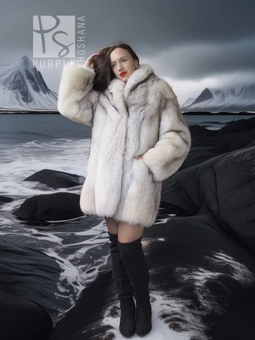 Light cream fox-fur jacket with thick collar and mid-length cut, open front.