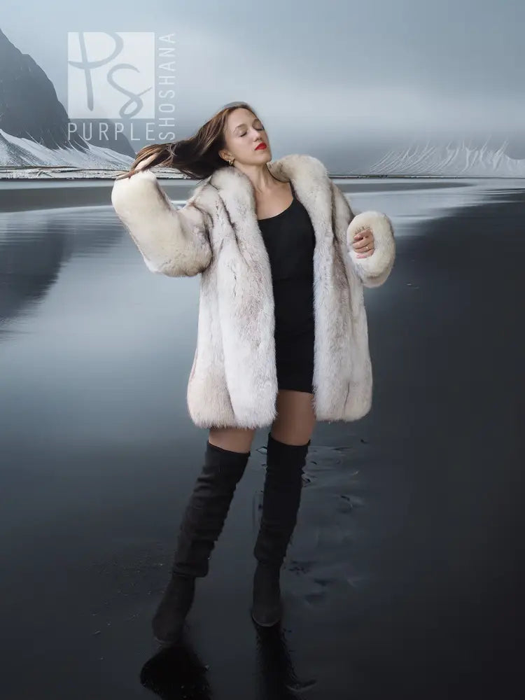 "Arctic Caress" – Pale Blue Fox Jacket - White Satin Lined Winter Allure