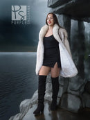 Light cream hooded fur jacket with open front over a dark mini dress
