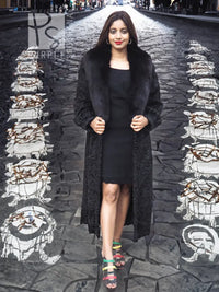Black Lamb Swakara Broadtail Coat With Black Fox Excellent S/M
