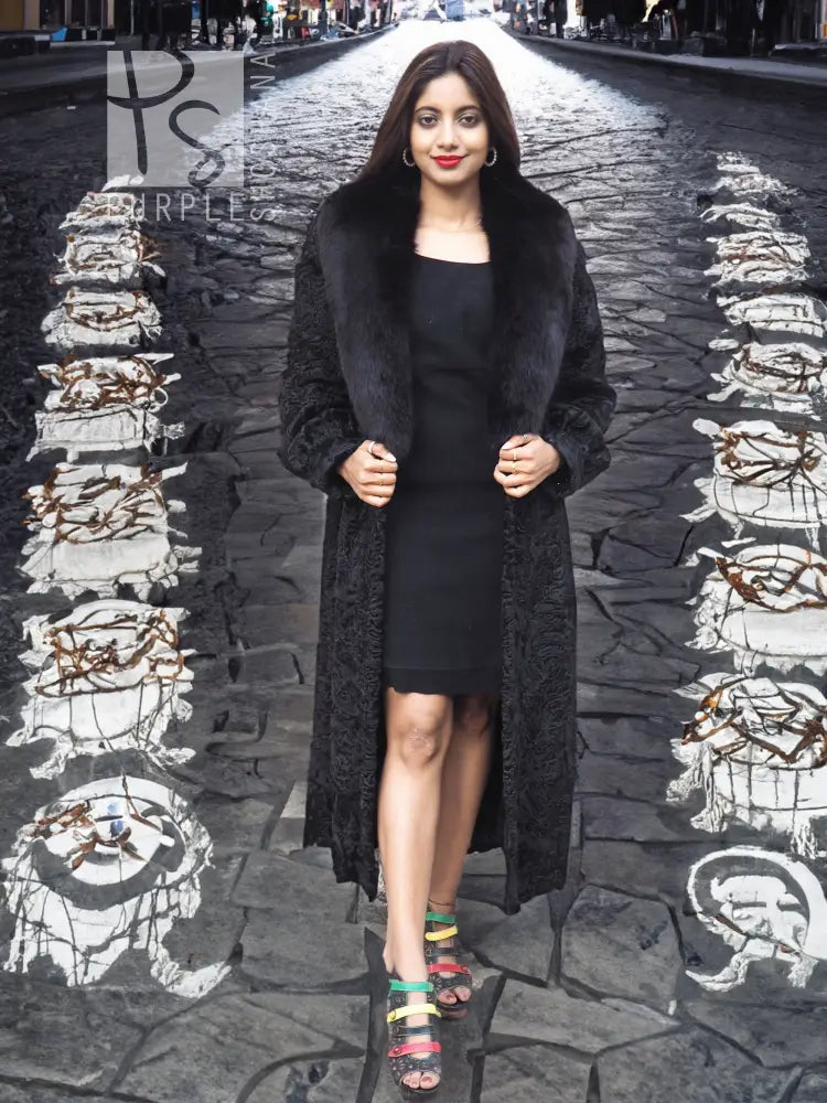 Black Lamb Swakara Broadtail Coat With Black Fox Excellent S/M