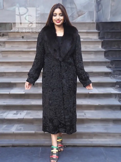 Black long fur coat with shawl collar and textured finish, front full-length