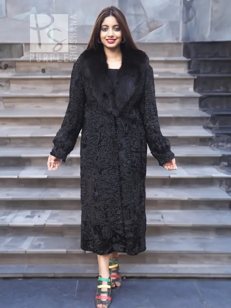 Black long fur coat with shawl collar and textured finish, front full-length