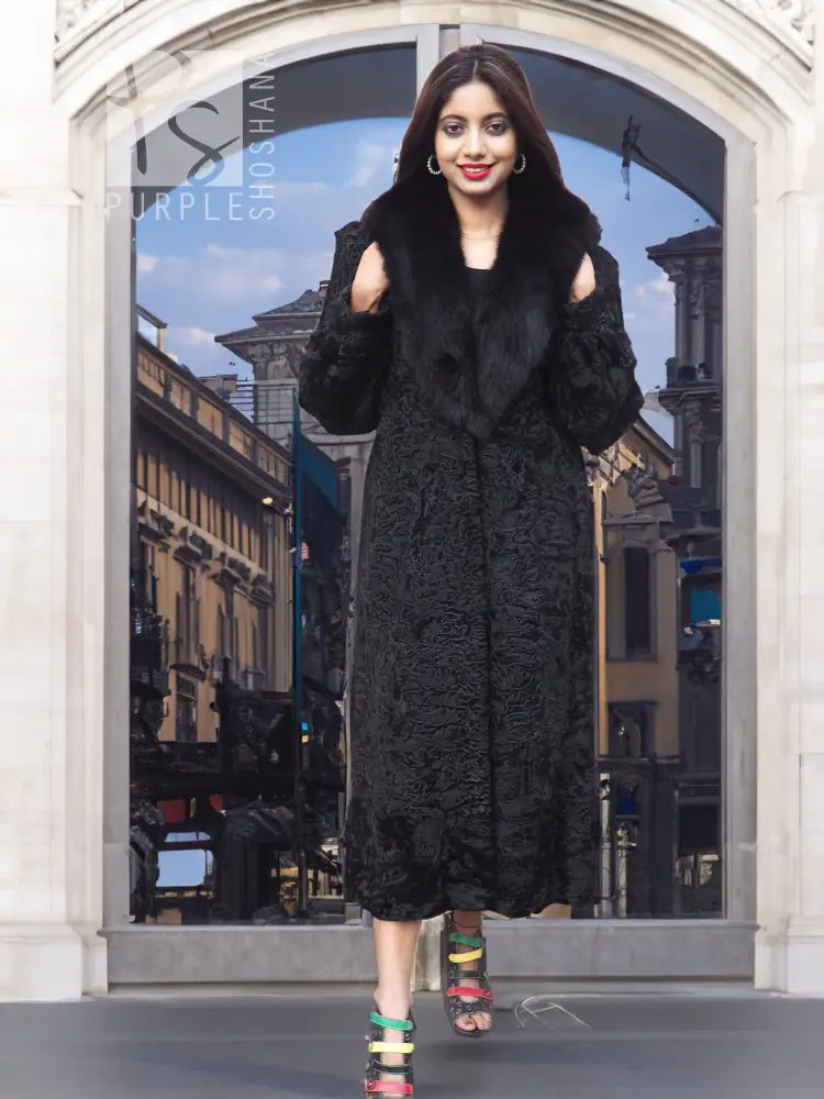 Black long fur coat with shawl collar and textured fabric, front view