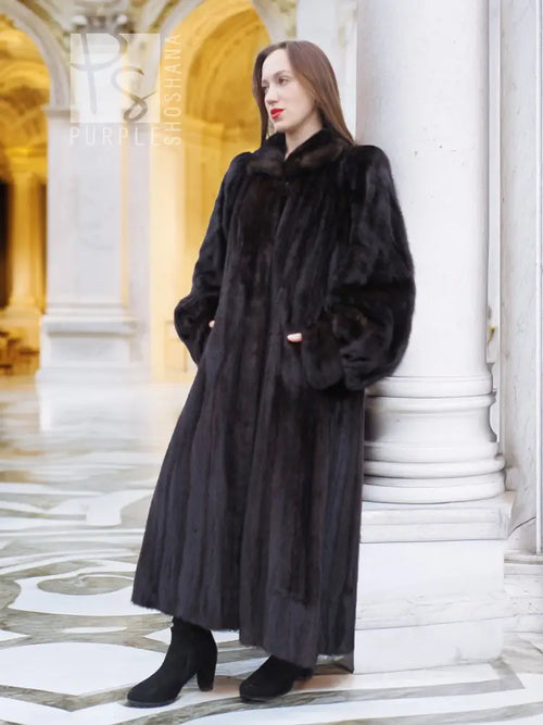 Black mink full-length fur coat with high collar, button details, full skirt