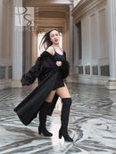 Black mink fur coat, full-length with long sleeves and wide, draped shoulders
