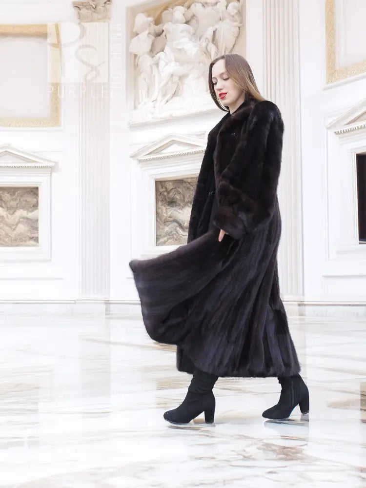 Black mink fur coat, full-length with thick fur texture and long sleeves