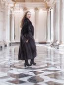 Full-length mink fur coat, dark black, three-quarter view, long A-line silhouette