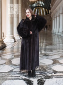 Black mink full-length fur coat with high collar and long sleeves, arms at head pose