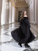 Black mink fur coat, full-length, wide collar, flared swing hem
