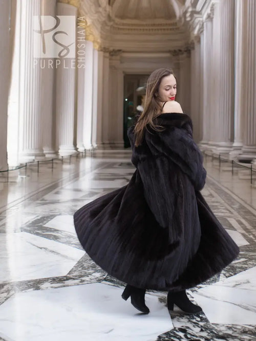 Black mink fur coat, full-length, wide collar, flared swing hem
