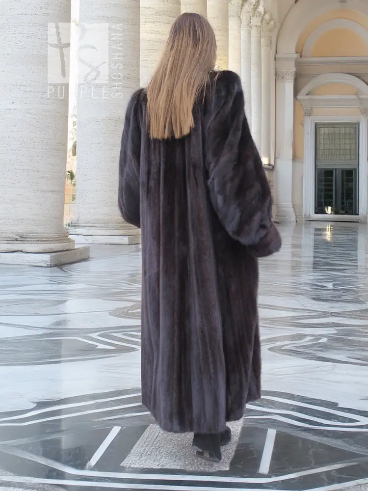 Full-length mink fur coat, dark black, back view with long straight hem