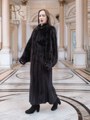 Black mink fur coat, full-length front view with thick fur texture and long sleeves