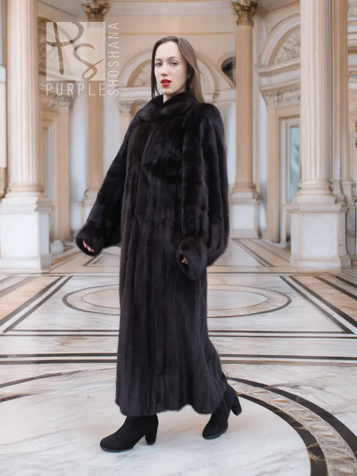 Black mink fur coat, full-length front view with thick fur texture and long sleeves