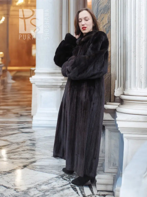 Black mink fur coat, front view with stand collar and long sleeves