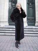 Black mink fur coat, front view with hood and open, plush fur texture.