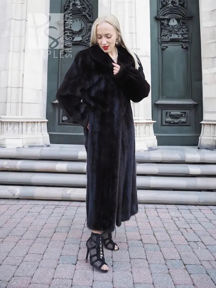 Black mink fur coat, front view with hood and open, plush fur texture.
